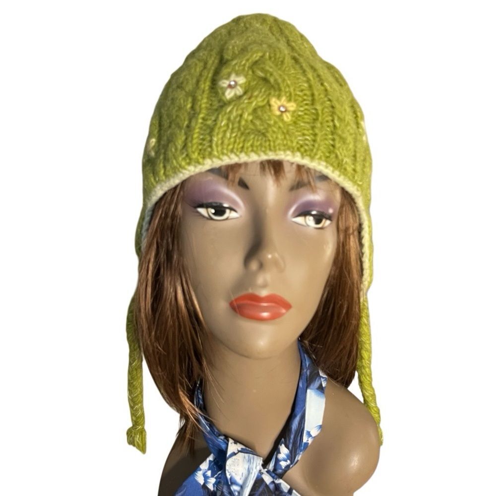 EVEREST Green Wool Hat Braids Fleece Cable Knit Flowers Trapper Hat One Size